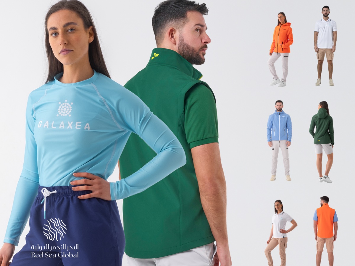 Red Sea Global recycled apparel range - two models with the full staff collection