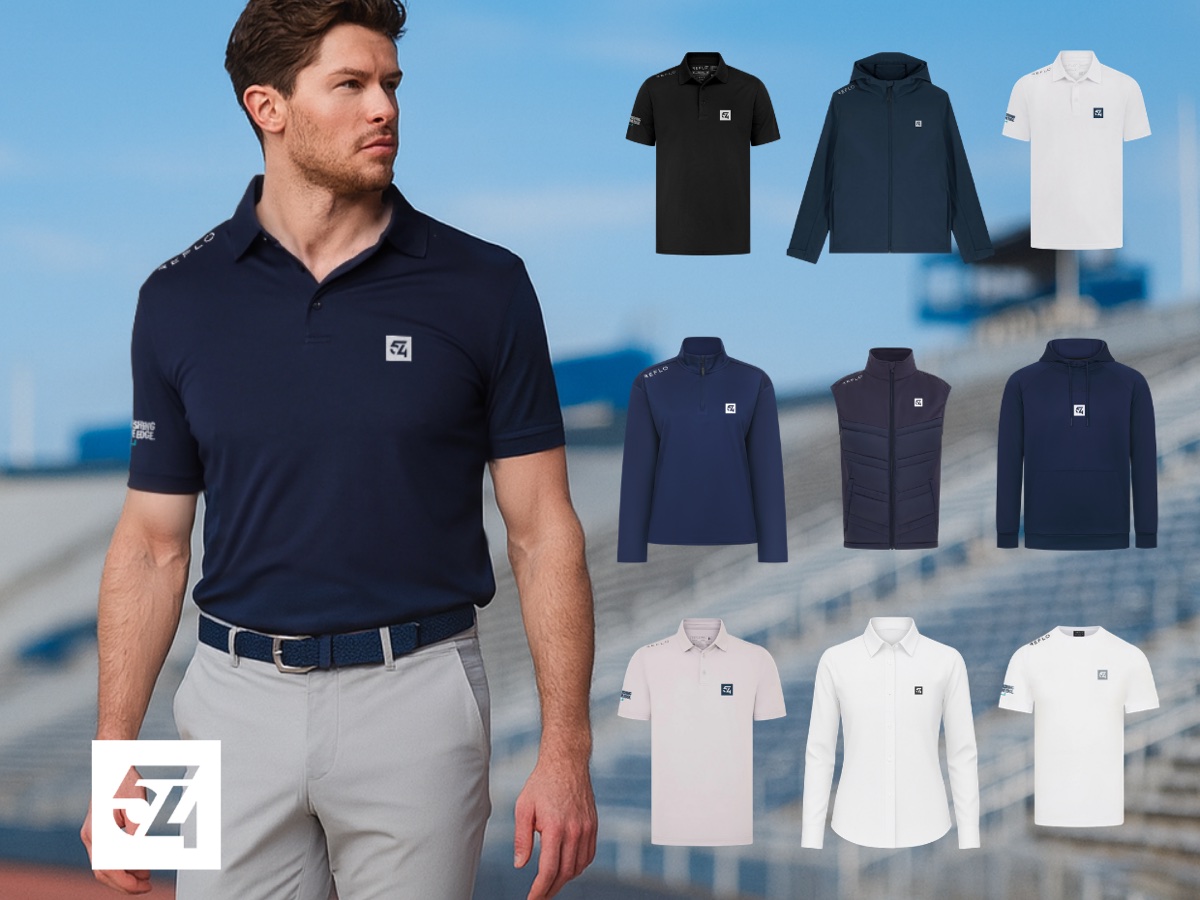 We Are 54 recycled sportswear range - model in a navy polo with the full product collection
