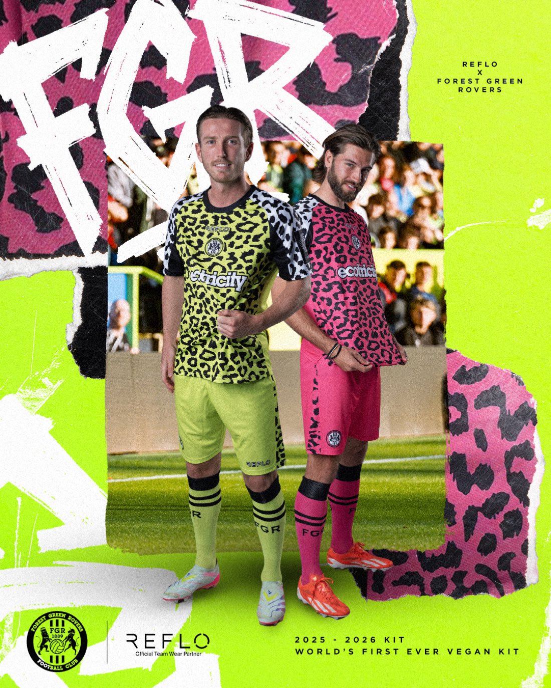 Kit launch artwork: two players in the lime and pink leopard-print 2025/26 kits against acid-green graphics, captioned "world’s first ever vegan kit"