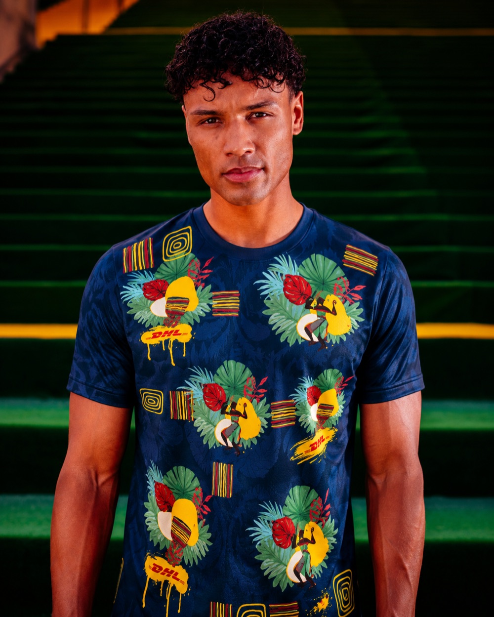 Model wearing a fully bespoke Reflo tee with a custom all-over print